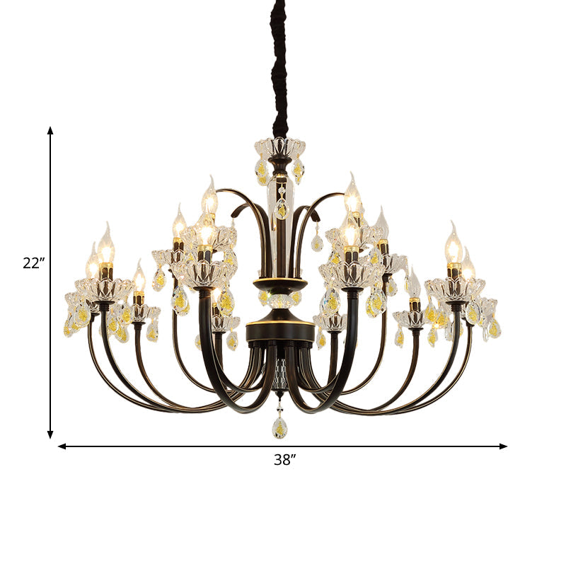 Rustic Metal Black Candle Chandelier: Elegant 12/15-Light Living Room Hanging Lamp With Crystal