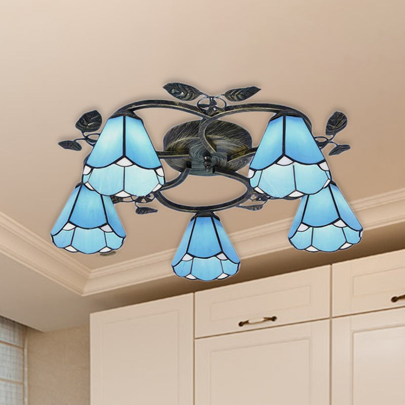 Rustic Conical Semi Flush Mount Stained Glass Ceiling Light With Blue 9/5 Lights For Stairway