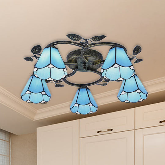 Rustic Conical Semi Flush Mount Stained Glass Ceiling Light With Blue 9/5 Lights For Stairway