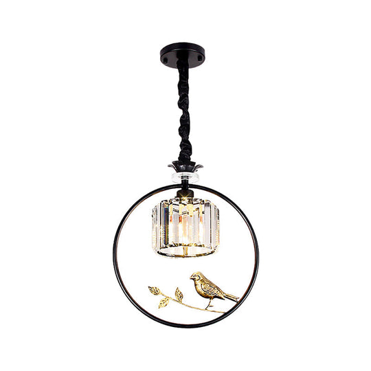 Minimalist Crystal Hanging Pendant Lamp - Cylinder Shape With Gold/Black Ring Ideal For Dining Room