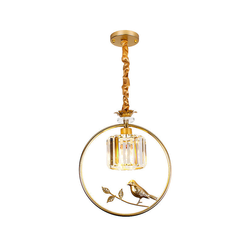 Minimalist Crystal Hanging Pendant Lamp - Cylinder Shape With Gold/Black Ring Ideal For Dining Room