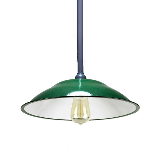 Industrial Enamel Farmhouse Pendant Light - Green Saucer Shade, 1 Light, 11"/12" Diameter