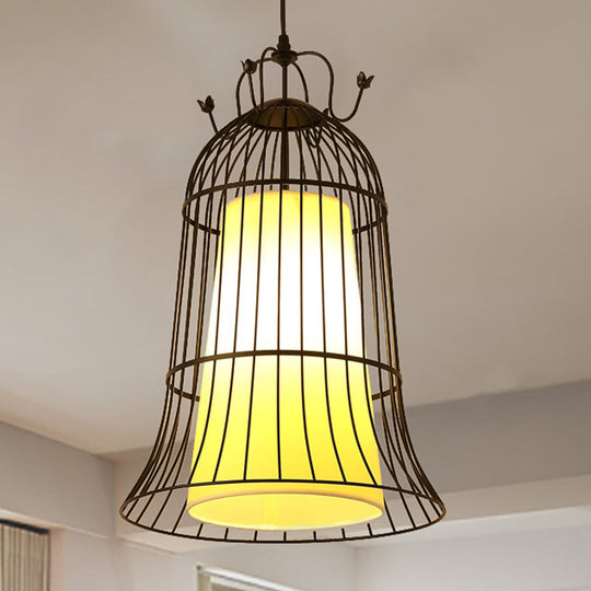 Vintage Bell White Glass Hanging Light - 1 Dining Room Pendant With Black Wire Cage (10/14 Wide)