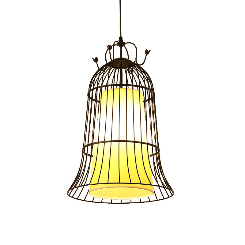 Vintage Bell White Glass Hanging Light - 1 Dining Room Pendant With Black Wire Cage (10/14 Wide)