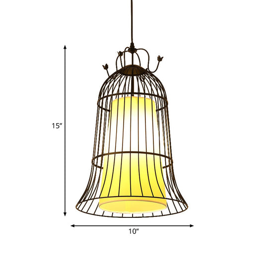 Vintage Bell White Glass Hanging Light - 1 Dining Room Pendant With Black Wire Cage (10/14 Wide)