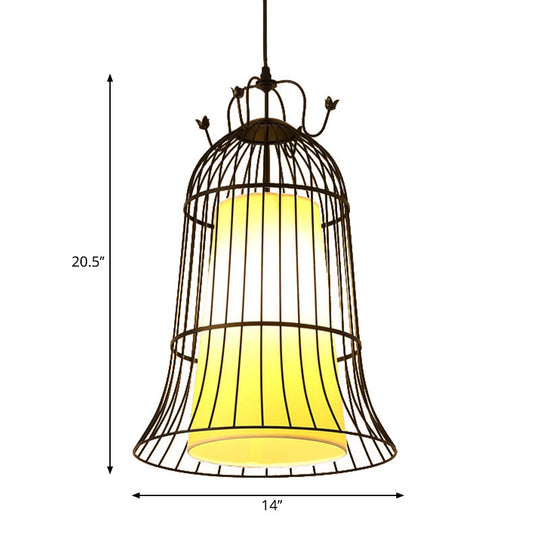 Vintage Bell White Glass Hanging Light - 1 Dining Room Pendant With Black Wire Cage (10/14 Wide)