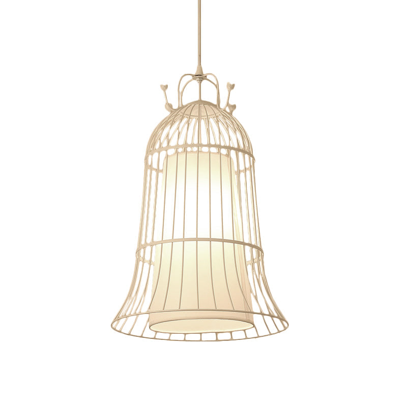 Vintage Bell White Glass Hanging Light - 1 Dining Room Pendant With Black Wire Cage (10/14 Wide)