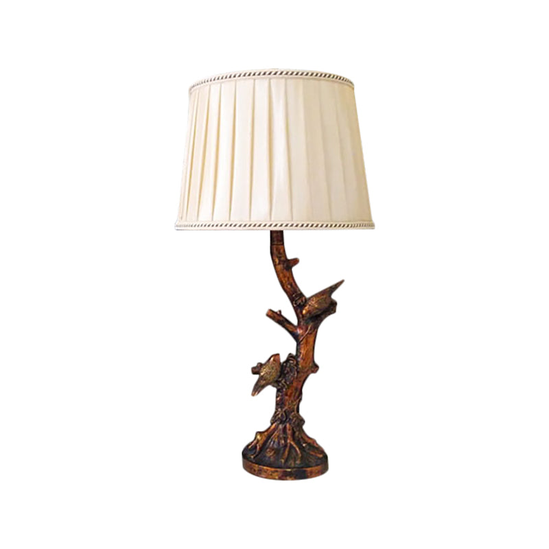 Rustic Beige Drum Bedroom Reading Lamp - 1-Light Fabric Desk Light With Tree And Birds