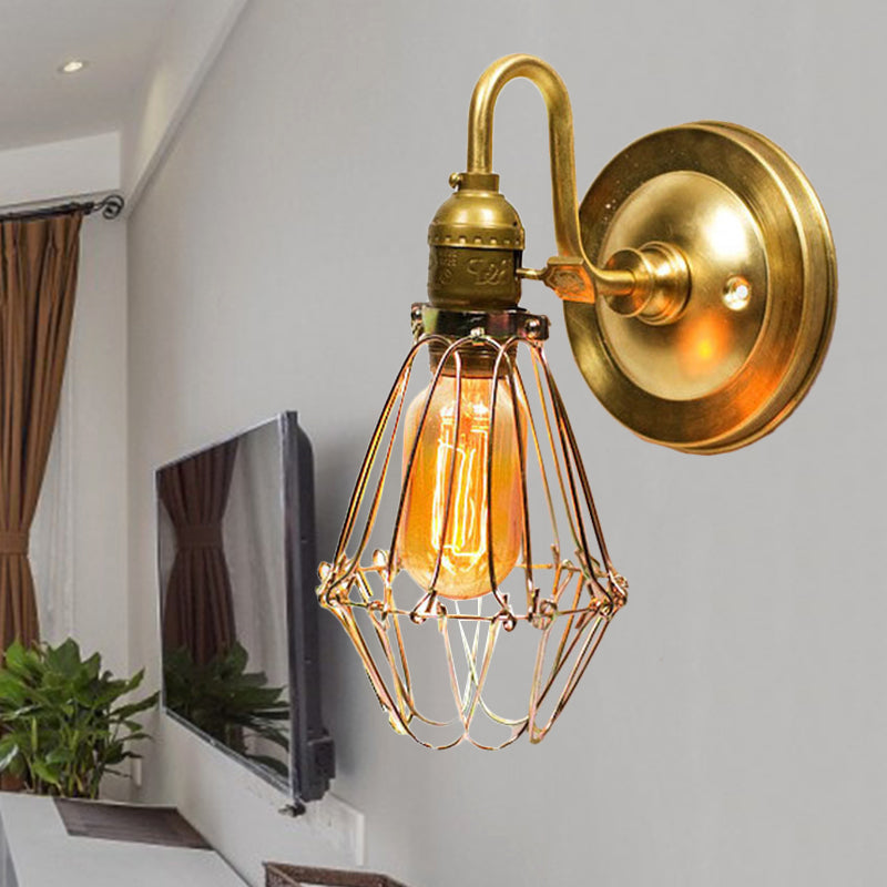 Vintage Stylish Polished Brass Wire Guard Wall Sconce - 1 Light Corridor With Gooseneck Arm