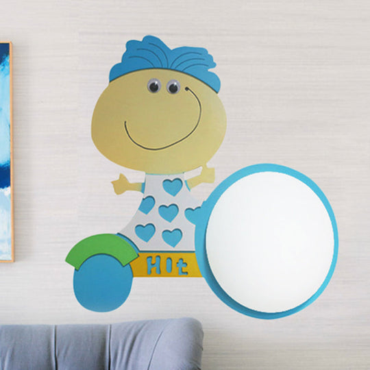 Warm Wood Cartoon Led Wall Sconce For Nursery Or Bedroom Blue / Boy