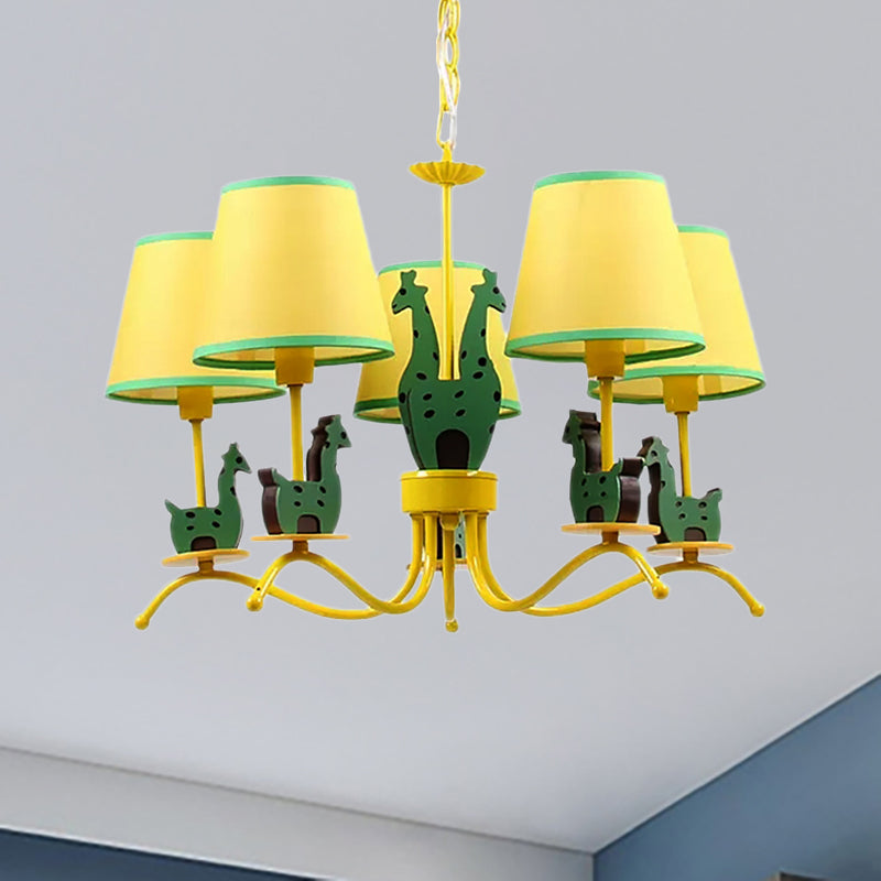 Yellow Cartoon Wood Giraffe Chandelier Light For Living Room With Tapered Shade