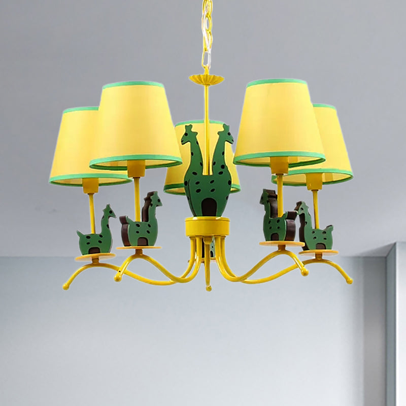 Yellow Cartoon Wood Giraffe Chandelier Light For Living Room With Tapered Shade