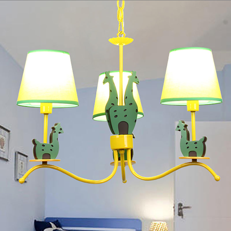 Yellow Cartoon Wood Giraffe Chandelier Light For Living Room With Tapered Shade