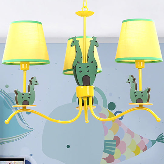 Yellow Cartoon Wood Giraffe Chandelier Light For Living Room With Tapered Shade