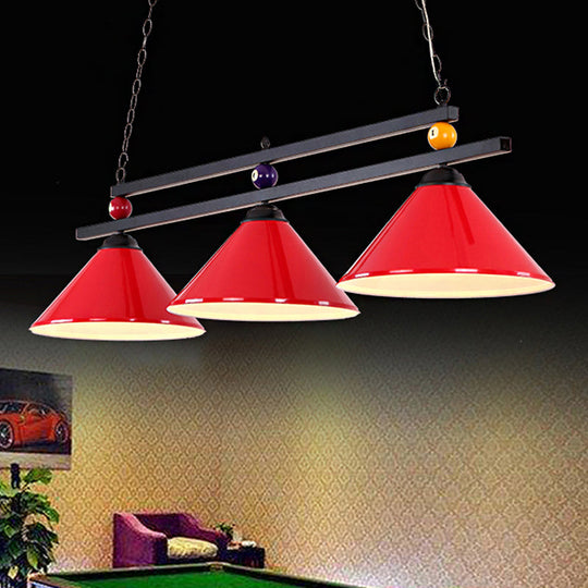 Black/Red Industrial Cone Shade Ceiling Pendant With 3 Metal Heads And Billiard Ball Deco Red