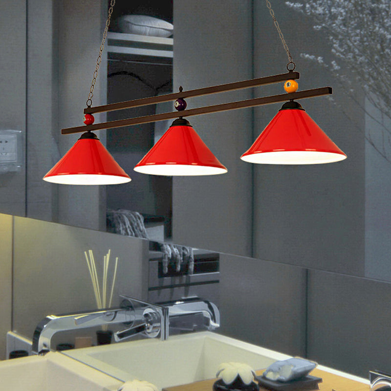 Black/Red Industrial Cone Shade Ceiling Pendant With 3 Metal Heads And Billiard Ball Deco