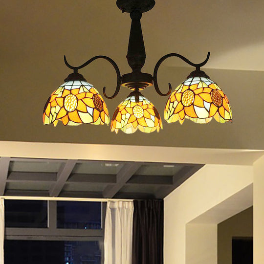 Stained Glass Tiffany Chandelier with Orange Sunflower - 3/6 Lights - Rustic Pendant Light for Living Room Bowl