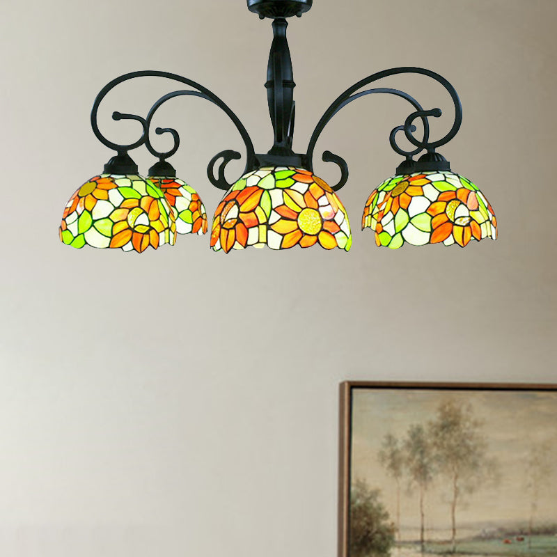 Stained Glass Tiffany Chandelier With Orange Sunflower - 3/6 Lights Rustic Pendant Light For Living