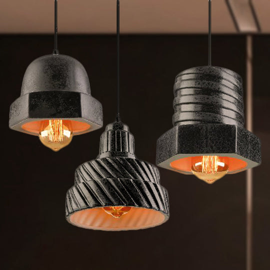 Adjustable Cord 3-Light Industrial Hanging Pendant Lamp In Black - Screw Shaped Design Ceramics