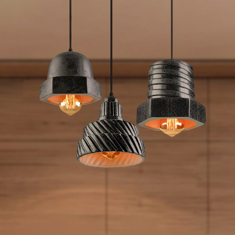 Adjustable Cord 3-Light Industrial Hanging Pendant Lamp In Black - Screw Shaped Design Ceramics