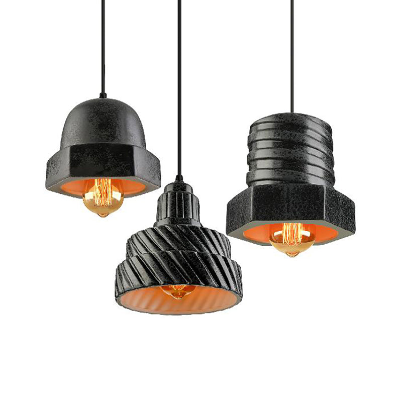 Adjustable Cord 3-Light Industrial Hanging Pendant Lamp In Black - Screw Shaped Design Ceramics