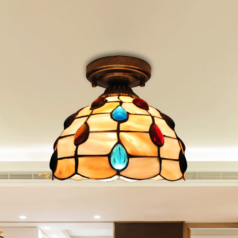 Tiffany Class Beige/Yellow Ceiling Light with Jewelry Shell – Restaurant Lattice Bowl Flush Fixture