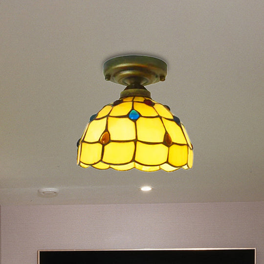 Tiffany Class Beige/Yellow Ceiling Light with Jewelry Shell – Restaurant Lattice Bowl Flush Fixture