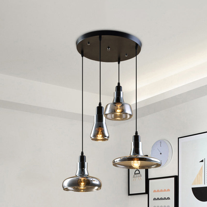 4-Light Round/Linear Canopy Multi Pendant With Smoked Glass Shades - Modern Dining Room Ceiling