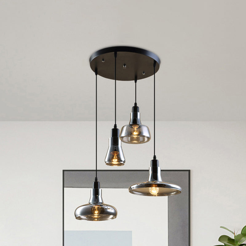 Modern Dining Room Hanging Ceiling Light - 4 Lights Round/Linear Canopy Multi Pendant with Smoked Glass Shades