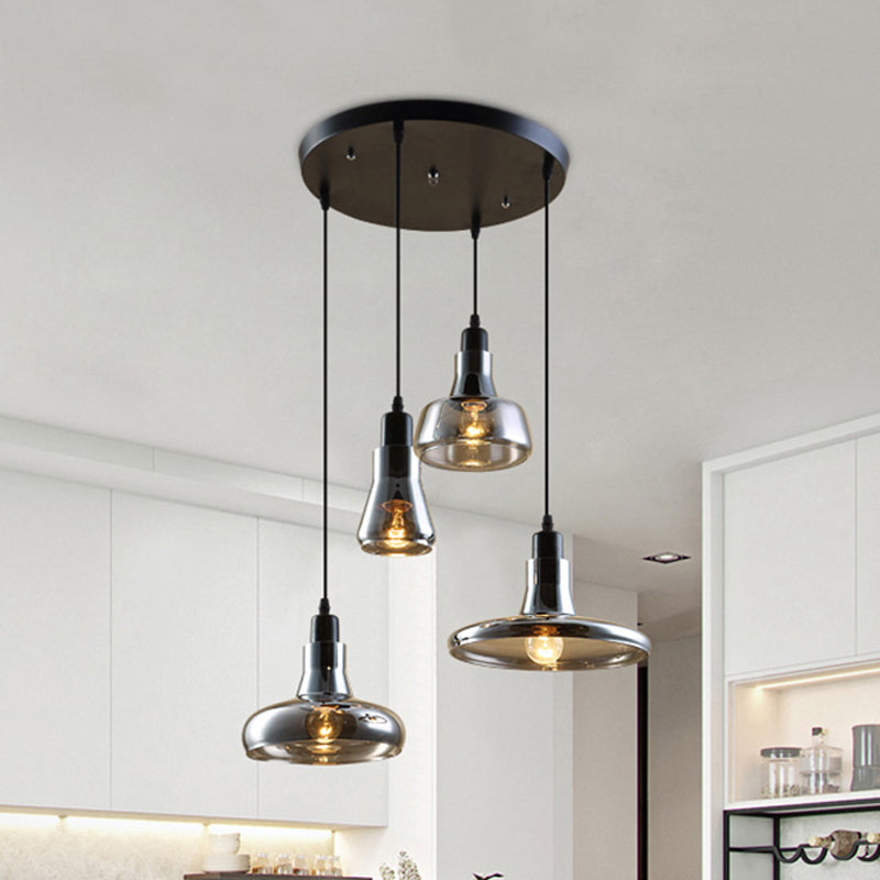 Modern Dining Room Hanging Ceiling Light - 4 Lights Round/Linear Canopy Multi Pendant with Smoked Glass Shades