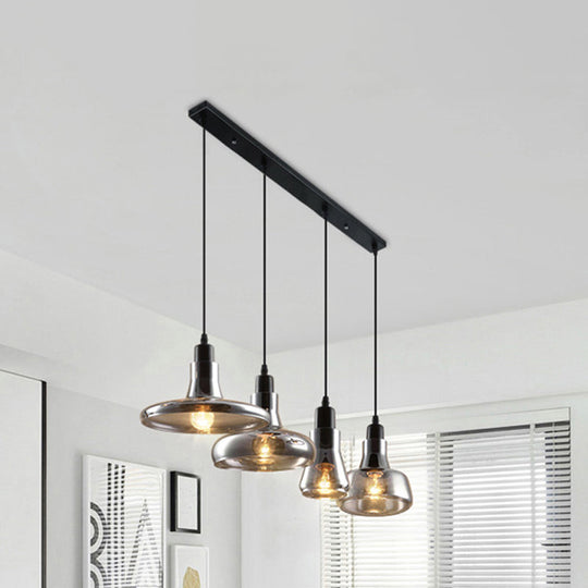 Modern Dining Room Hanging Ceiling Light - 4 Lights Round/Linear Canopy Multi Pendant with Smoked Glass Shades