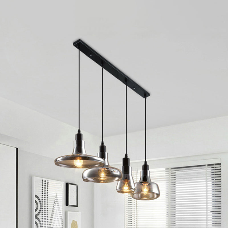 4-Light Round/Linear Canopy Multi Pendant With Smoked Glass Shades - Modern Dining Room Ceiling