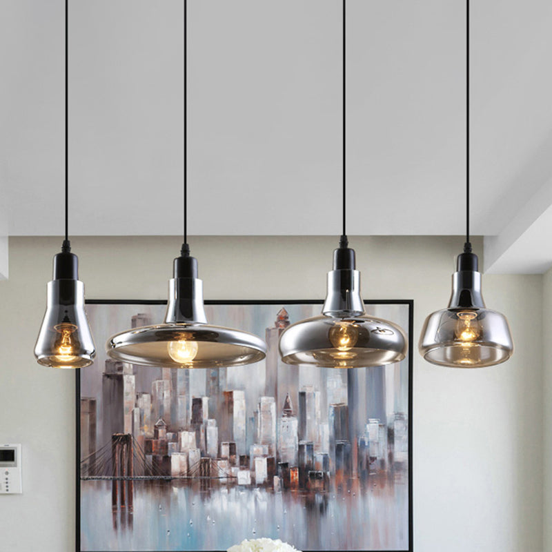 Modern Dining Room Hanging Ceiling Light - 4 Lights Round/Linear Canopy Multi Pendant with Smoked Glass Shades