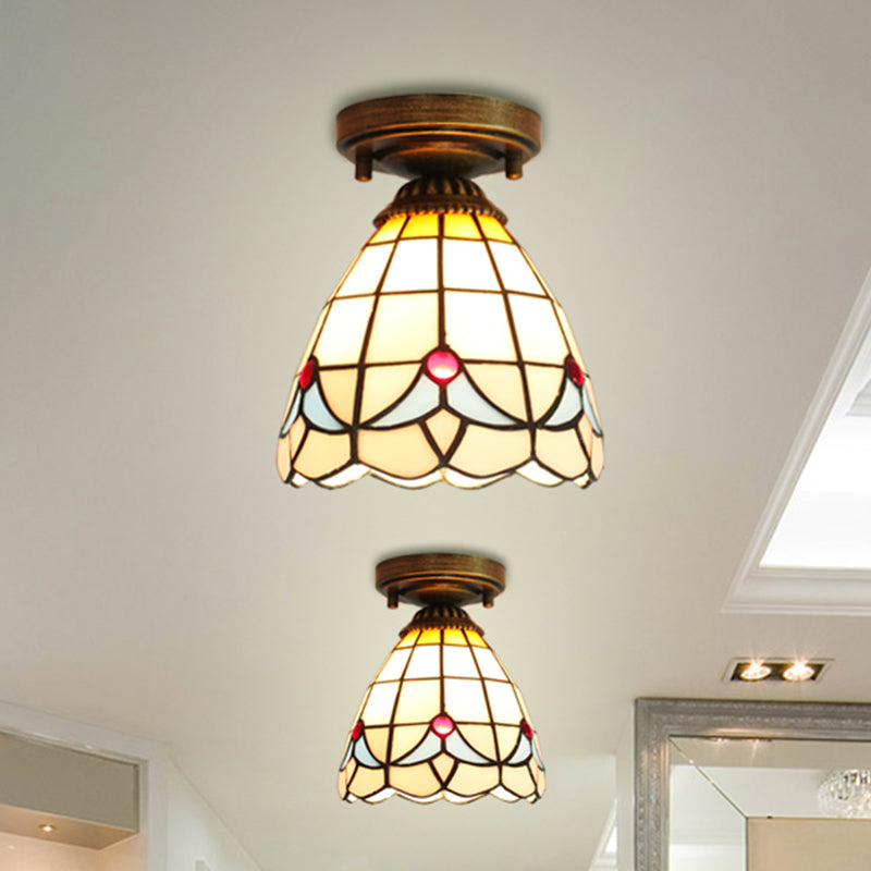 Stained Glass Mini Flush Ceiling Light With Magnolia Pattern - Ideal For Bedroom Lighting