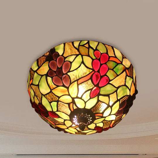 2-Light Stained Glass Grape Ceiling Flushmount for Bedroom Lighting in Lodge Style