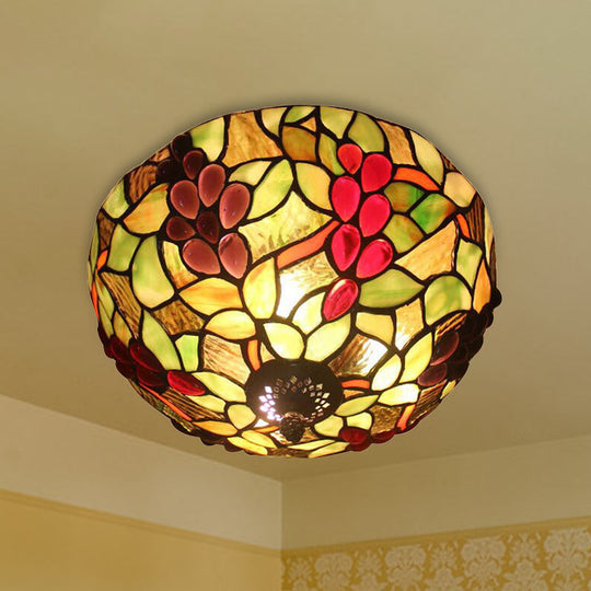 2-Light Stained Glass Grape Ceiling Flushmount for Bedroom Lighting in Lodge Style