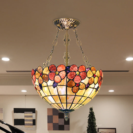 Retro Stained Glass Ceiling Fixture - Bowl Design with 3 Heads for Bedroom Lighting