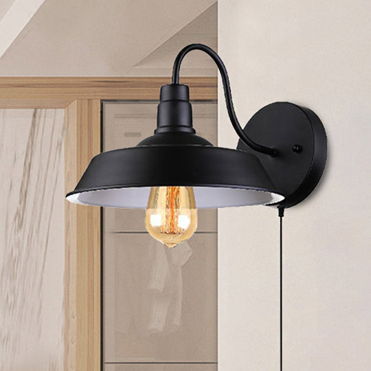 Barn Industrial Metal Wall Light Fixture - 1-Light Black Sconce With Gooseneck Arm And Plug-In Cord