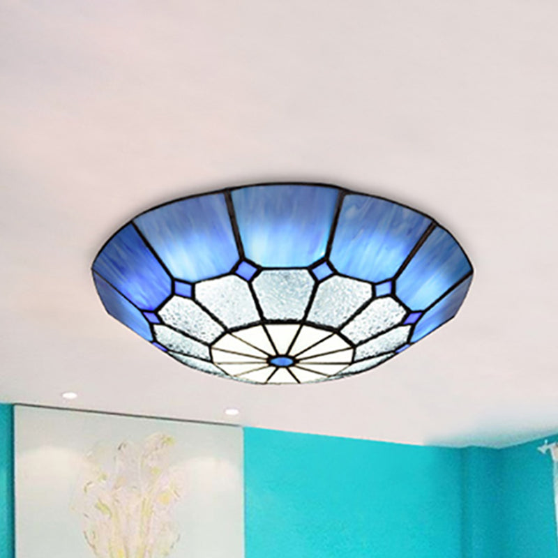 Tiffany Blue Stained Glass Flush Ceiling Light With Bowl Shade - Perfect For Living Room