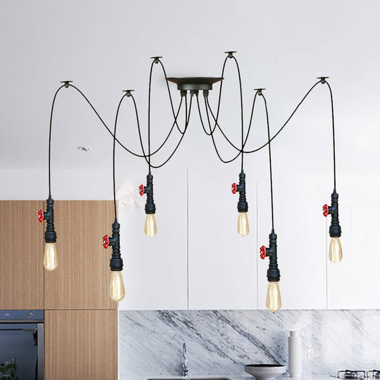 Industrial Metal Pendant Lamp with Valve and Pipe Design - Black, 2/3 Lights - Kitchen Ceiling Fixture