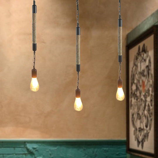 Industrial Black Hemp Rope Pendant Light Fixture - 1 Bare Bulb Hanging Lighting For Restaurants