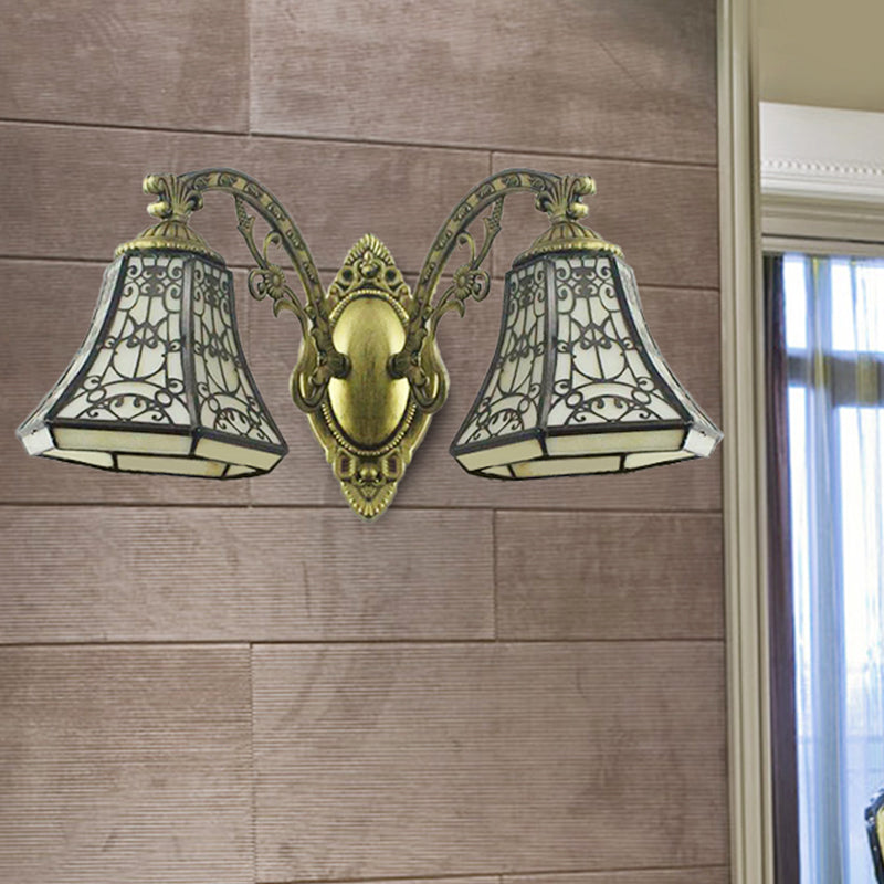 2-Head Beige Glass Bell Wall Sconce With Rustic Lodge Fence Design