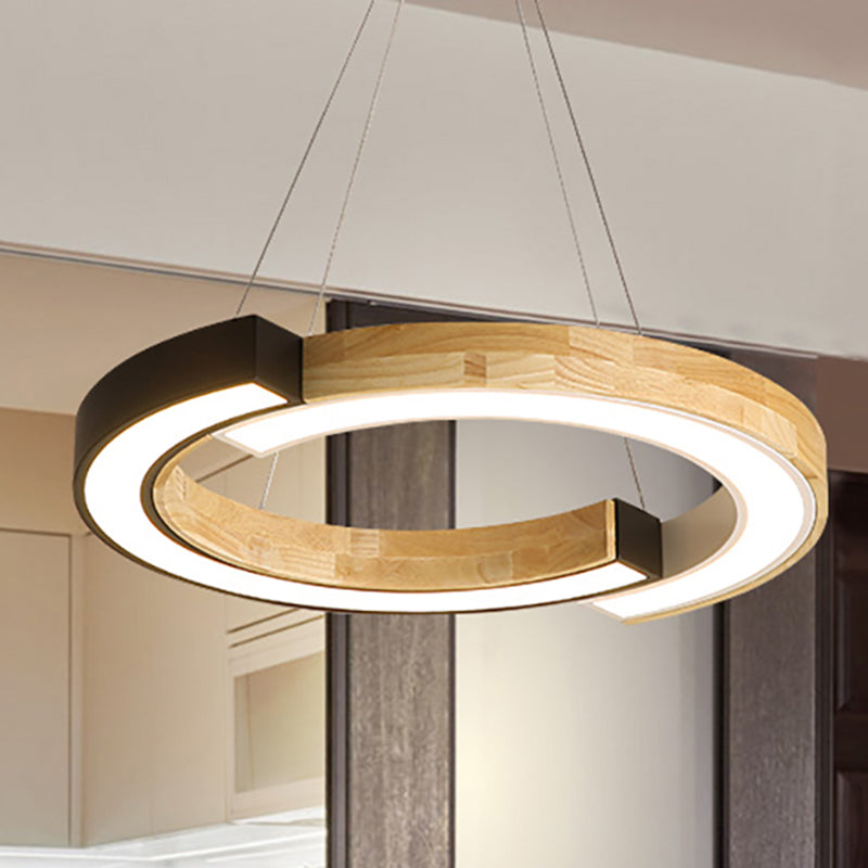 Nordic Style Black/White Ring Suspension Light - 15/19 Wide Wood Hanging Lamp For Bedroom &