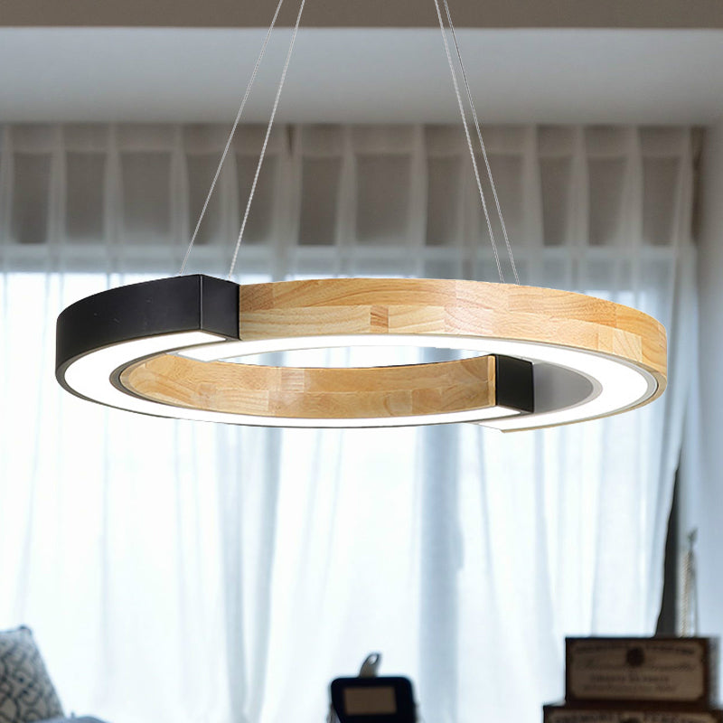 15"/19" Wide Nordic Style Wood Hanging Lamp with Black/White Ring Suspension - ideal for Bedroom and Restaurant