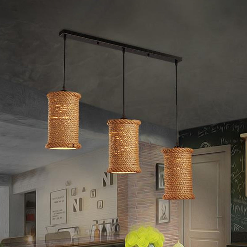 Cylindrical Hanging Dining Room Light - Country Rope Pendant Lamp With Adjustable Cord (Beige 3