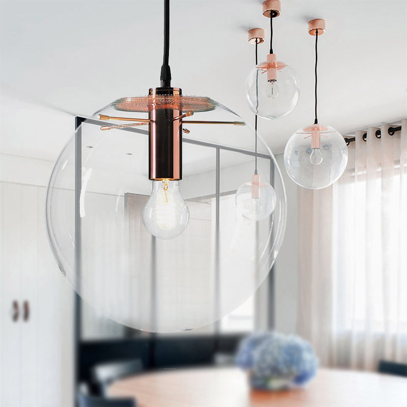 Modern 1-Light Round Pendant Light with Clear Glass and 6"/8"/12" Wide Hanging Lamp in Rose Gold