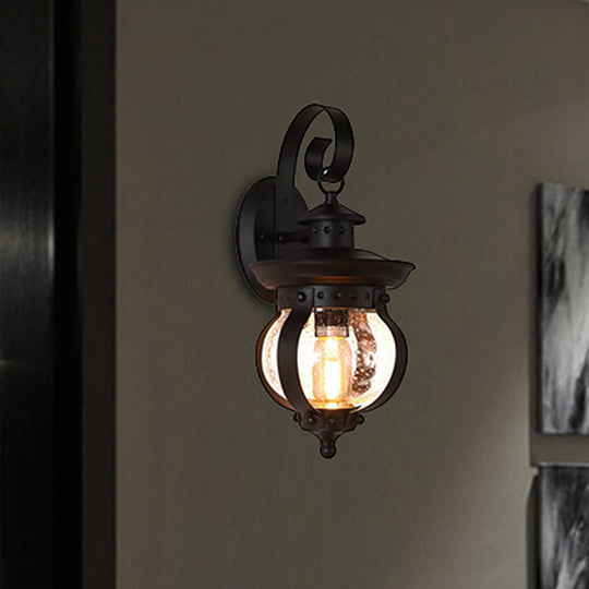 Rustic Black Lantern Wall Sconce With Seedy Glass - Bedroom Lighting Fixture