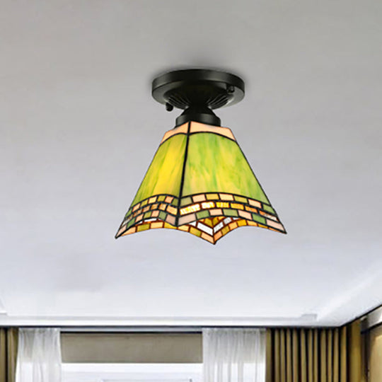 Tiffany-Style Art Glass Ceiling Light - 1 Light Green Flush Mount Fixture for Offices and Corridors