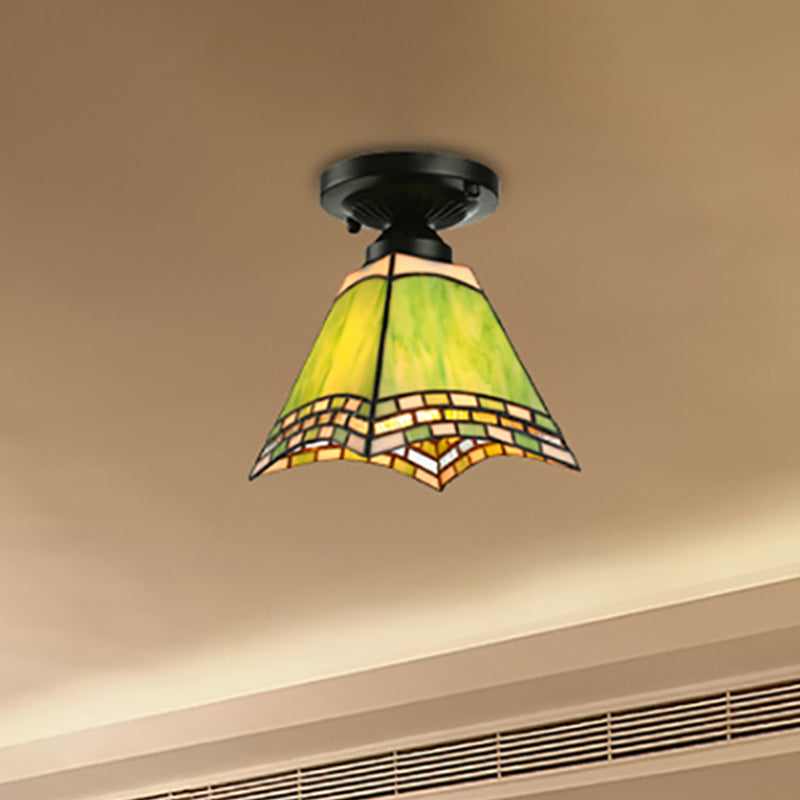 Tiffany-Style Art Glass Ceiling Light - 1 Green Flush Mount Fixture For Offices And Corridors