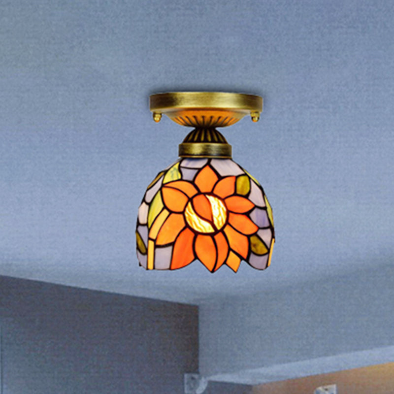 Rustic Orange 6-Inch Stained Glass Sunflower Ceiling Lamp - Flush Mount Ideal For Corridors